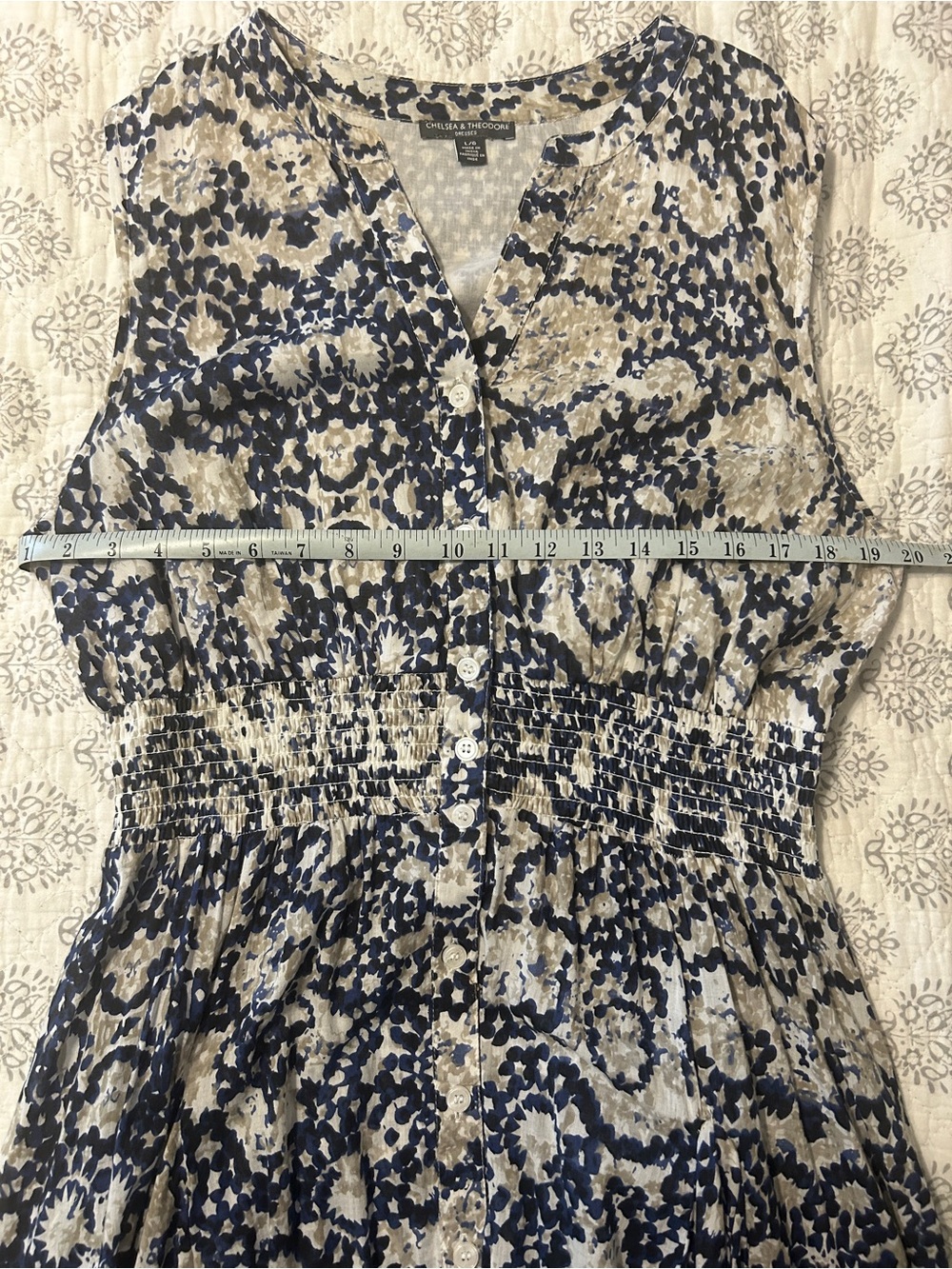 Chelsea & Theodore Navy & Cream Printed Midi Dress – Size L - Picture 6 of 7